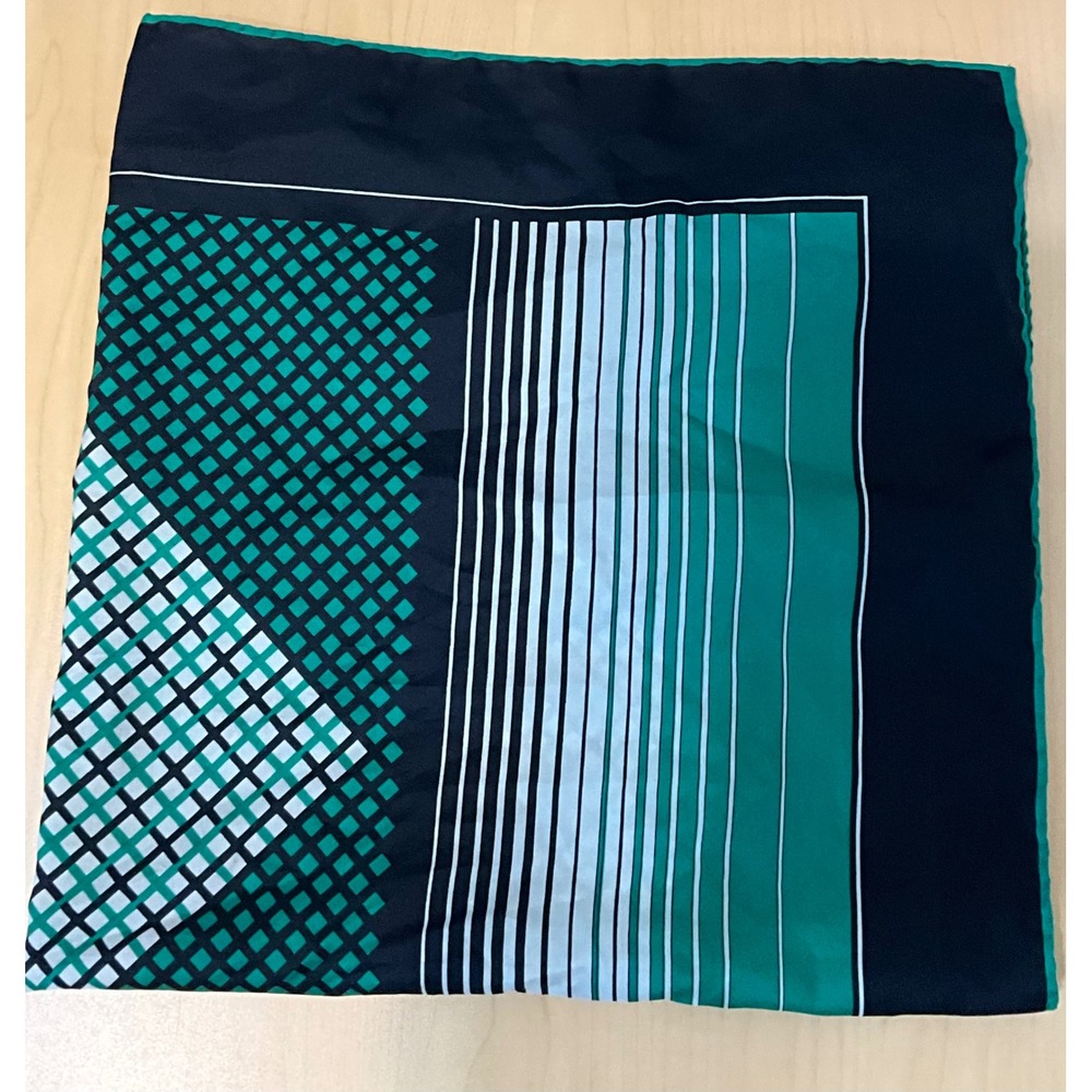 Leonardi Geometric Square Scarf Green Navy Blue White Striped Grid Print - Picture 3 of 5